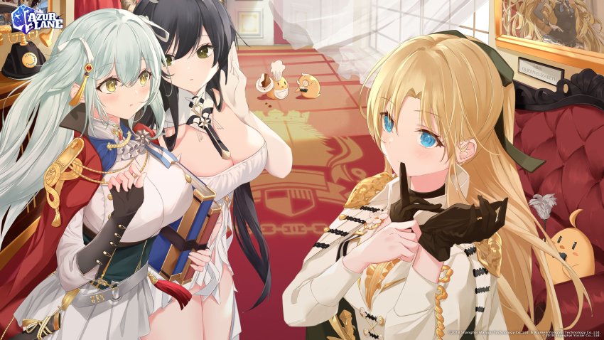 3girls, absurdres, azur_lane, belt, bird, black_gloves, black_hair, blonde_hair