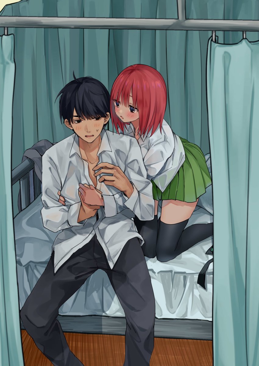 1boy, 1girl, bed, black_eyes, black_hair, blue_eyes, blush, buttoning, collarbone, couple, curtains, go-toubun_no_hanayome, green_skirt, hair_ornament, unworn_hair_ornament, hand_on_another's_chest, hetero, highres, kneeling, memidesuyo, nakano_nino, red_hair, school_uniform, shirt, sitting, skirt, thighhighs, uesugi_fuutarou, white_shirt