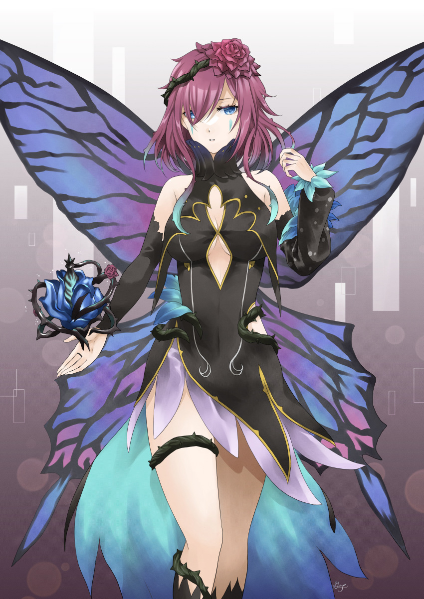 1girl, absurdres, bare_shoulders, black_dress, blue_eyes, breasts, butterfly_wings, center_opening