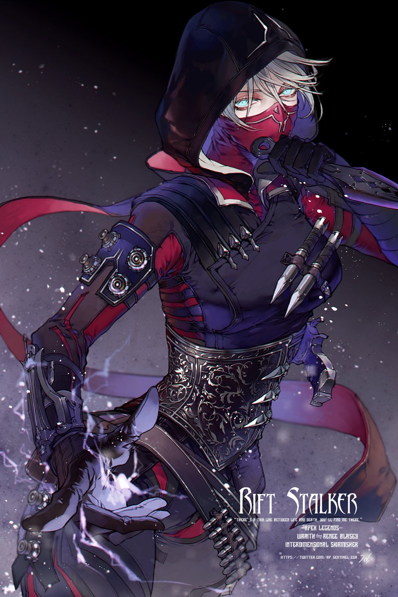 1girl, apex_legends, black_bodysuit, black_gloves, blue_eyes, bodysuit, breasts, electricity, gloves, grey_hair, highres, holding, holding_knife, hood, hood_up, knife, kunai, looking_at_viewer, mask, medium_breasts, mouth_mask, ninja, official_alternate_costume, open_hand, rift_stalker_wraith, sentinel_ga_koku_ni_aru, solo, untranslatable_commentary, watermark, weapon, web_address, hope's_dusk_(apex_legends), wraith_(apex_legends)