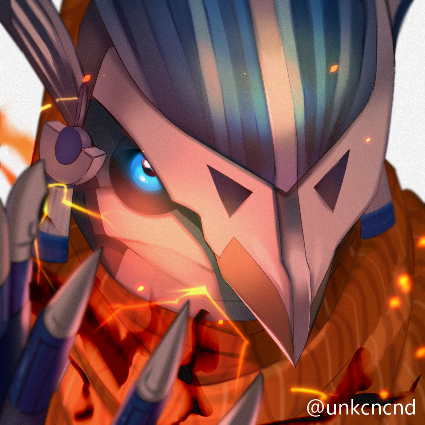 1boy, apex_legends, bird_of_prey_revenant, blue_eyes, chanms, highres, humanoid_robot, looking_at_viewer, open_hand, portrait, revenant_(apex_legends), robot, science_fiction, simulacrum_(titanfall), solo, twitter_username, white_background