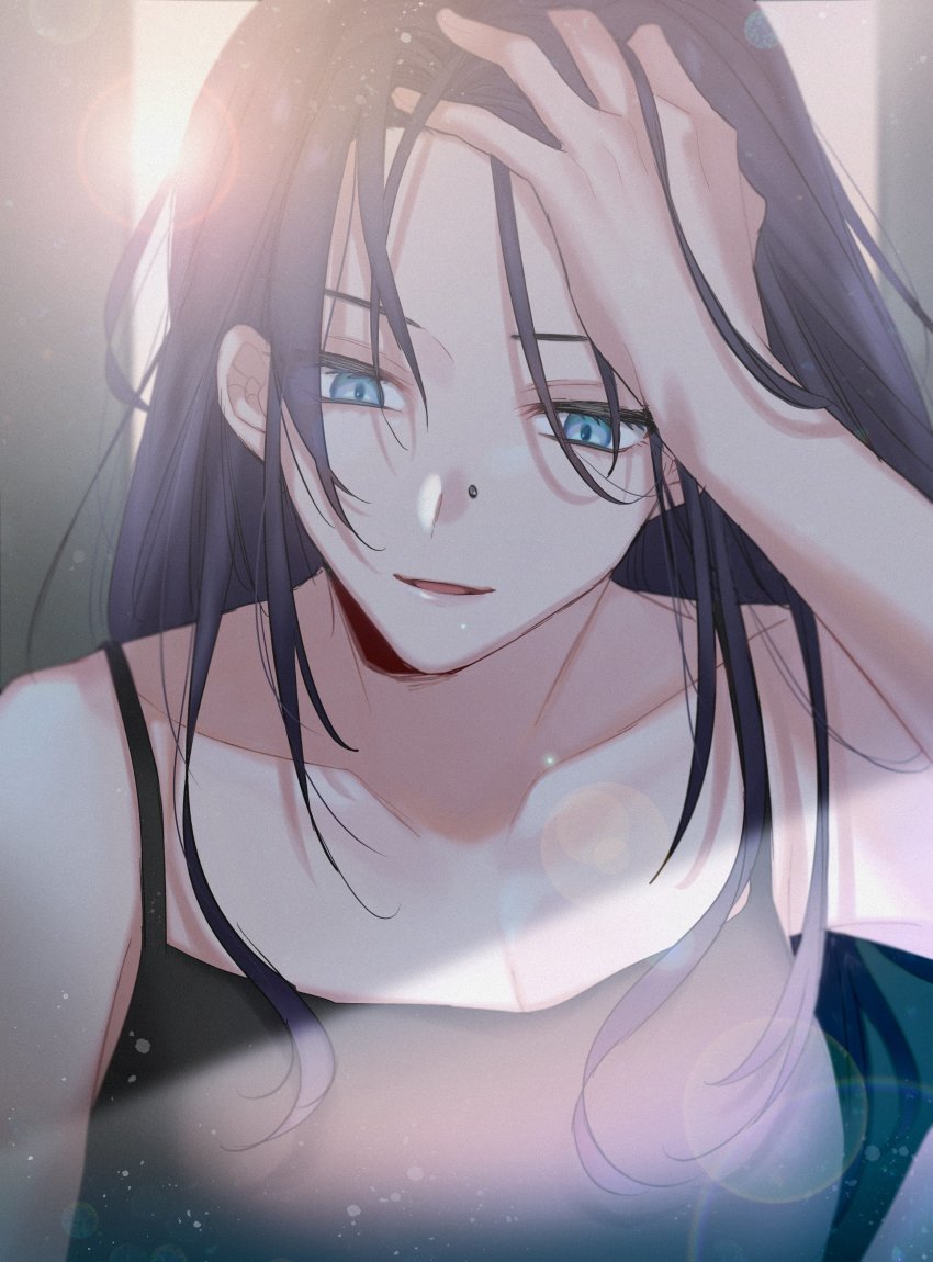 1girl, absurdres, alternate_hairstyle, animification, apex_legends, black_hair, blue_eyes, breasts