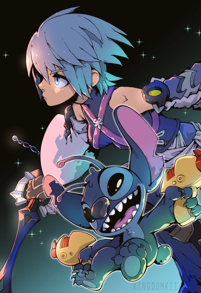 1girl, antennae, aqua_(kingdom_hearts), blue_eyes, blue_hair, breasts, brown_gloves, commentary, dual_wielding, elbow_gloves, energy_gun, english_commentary, gloves, gun, hair_behind_ear, holding, holding_gun, holding_weapon, keyblade, kii_(kingdomkii), kingdom_hearts, kingdom_hearts_birth_by_sleep, leaning_forward, lilo_&amp;_stitch, medium_breasts, ray_gun, sharp_teeth, short_hair, solo_focus, stitch_(lilo_&amp;_stitch), teeth, weapon, wide_sleeves