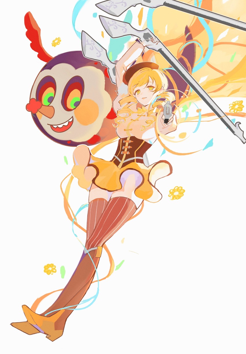 1girl, absurdres, aiming, aiming_at_viewer, arm_up, beret, blonde_hair, boots, bow, bowtie, brown_footwear, brown_headwear, charlotte_(madoka_magica), corset, drill_hair, flower, full_body, gun, hat, highres, holding, holding_gun, holding_weapon, knee_boots, long_hair, mahou_shoujo_madoka_magica, mahou_shoujo_madoka_magica_(anime), outstretched_arms, red_thighhighs, ribbon, simple_background, skirt, smile, striped_clothes, striped_thighhighs, swept_bangs, thighhighs, tomoe_mami, tomoe_mami_(magical_girl), tun5195333, twin_drills, vertical-striped_clothes, vertical-striped_thighhighs, weapon, white_background, yellow_bow, yellow_bowtie, yellow_eyes, yellow_flower, yellow_skirt