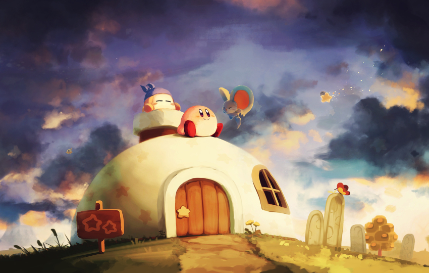 absurdres, bandana_waddle_dee, blush_stickers, bug, butterfly, chimney, cloud, cloudy_sky, door, elfilin, closed_eyes, highres, house, insect, kirby, kirby's_house, kirby_(series), kirby_and_the_forgotten_land, looking_up, nintendo, shadow_kirby, sign, sky, sleeping, smile, star_(symbol), sunset, suyasuyabi, tree, ufo_(kirby), warp_star, window