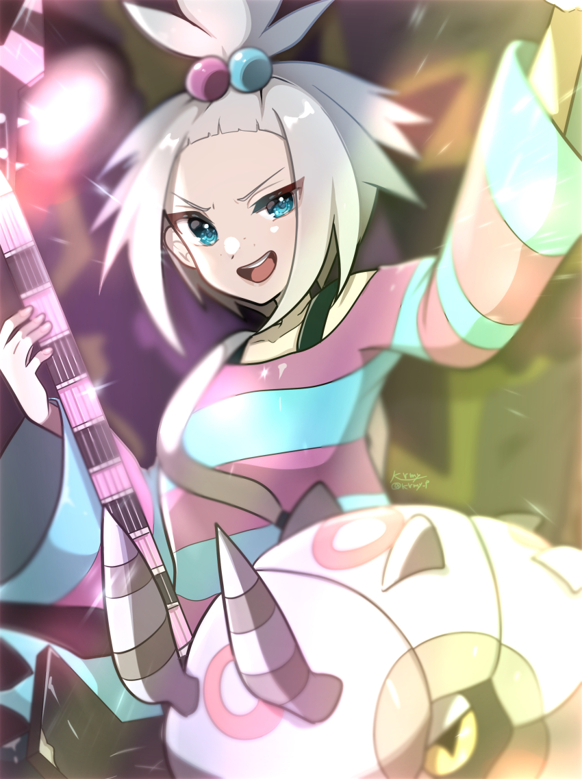 1girl, :d, absurdres, bass_guitar, blue_eyes, commentary_request, dress, freckles