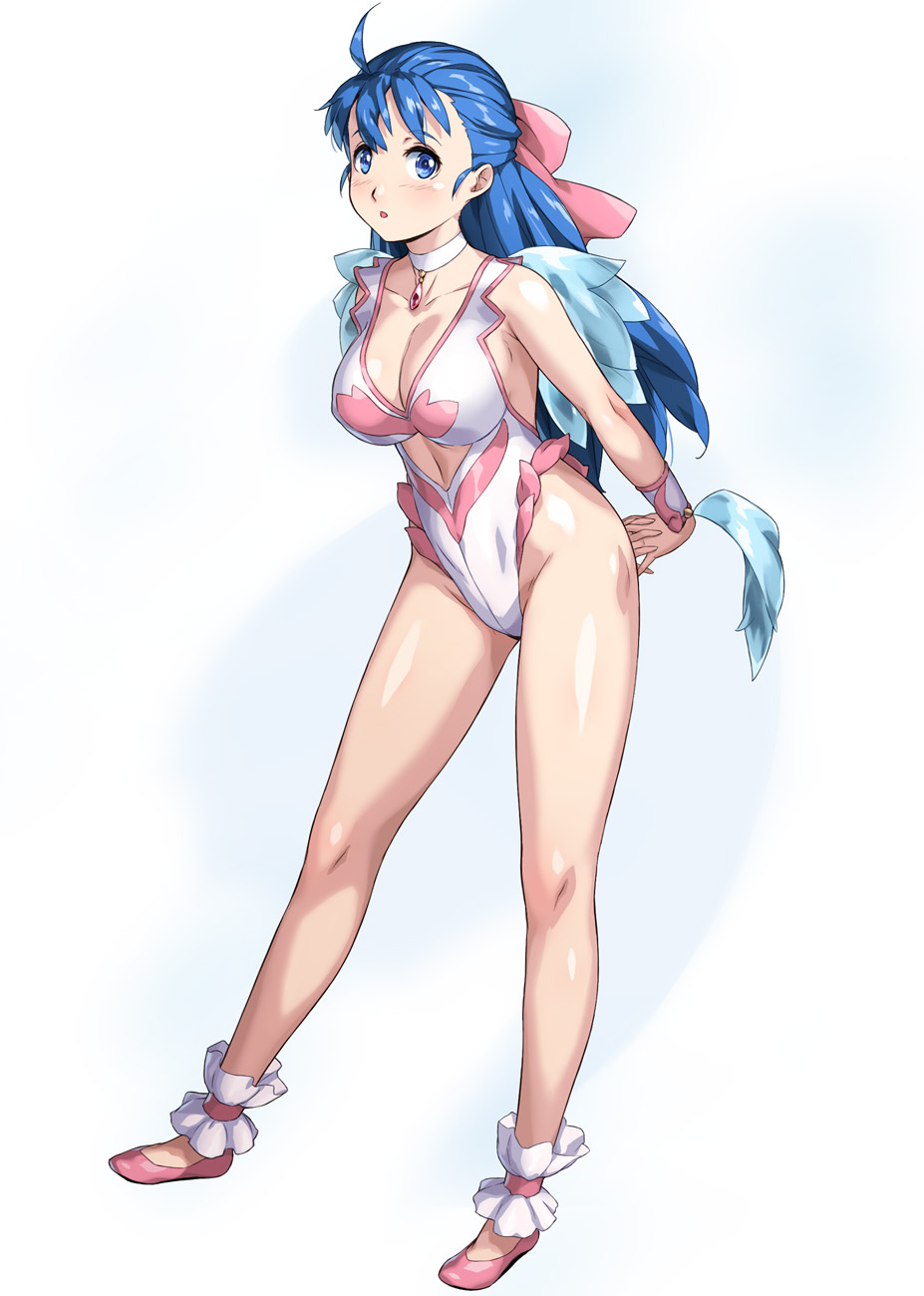 1girl, ahoge, angel_leotard, arms_behind_back, bare_shoulders, blue_eyes, blue_hair, blush, bow, breasts, choker, cleavage, collarbone, dragon_quest, female_focus, flora_(dq5), frills, full_body, hair_bow, highleg, highleg_leotard, highres, interlocked_fingers, jewelry, large_breasts, leotard, long_hair, looking_at_viewer, open_mouth, pink_shoes, shiny_skin, shoes, simple_background, sleeveless, solo, standing, thighs, uchiu_kazuma, white_background, wrist_cuffs