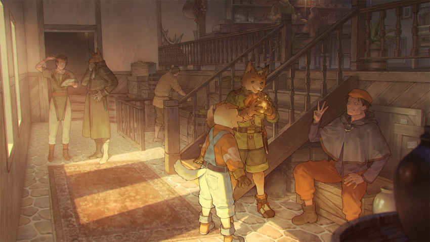 6+boys, antlers, apron, arms_at_sides, ascot, bag, ball, bar_(place), barrel, belt, black_hair, boots, box, brown_footwear, brown_gloves, bun_cover, capelet, carpet, character_request, child, chili_pepper, coat, counter, crate, dagger, day, dog, dog_boy, fitcher, furry, furry_male, gabocha, garlic, gengen_(suikoden), gensou_suikoden, gensou_suikoden_ii, gloves, glowing, gordon_(suikoden_ii), green_coat, green_jacket, hair_bun, hand_on_own_chin, hand_on_own_hip, hand_on_own_thigh, hand_up, hanging_food, hat, headband, holding, holding_paper, holding_pen, horns, indoors, jacket, knee_boots, knife, kobold, leaning_forward, long_sleeves, looking_at_another, male_focus, multiple_boys, orange_ascot, orange_pants, orange_shirt, overalls, pants, pants_rolled_up, pants_tucked_in, paper, pavement, pen, plant, potato, potted_plant, railing, reading, red_legwear, ridley_wizen, sash, scratching_head, sepia, sheath, sheathed, shirt, shoes, short_hair, single_hair_bun, sitting, slice_of_life, socks, sparkle, stairs, standing, stroking_own_chin, vase, w, weapon, white_ascot, white_gloves, zhuzi