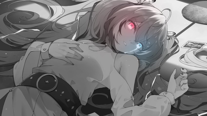 +_+, 1girl, ahoge, alternate_costume, belt, blue_eyes, clothing_cutout, cosplay