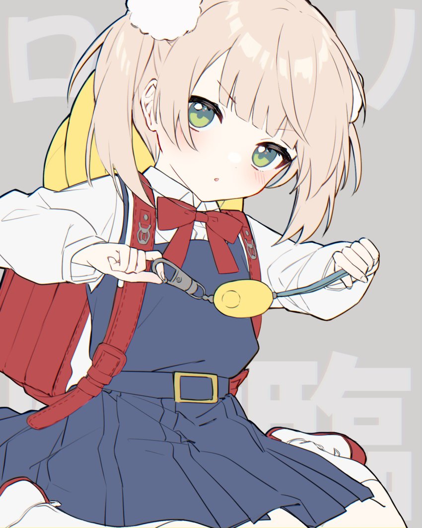 1girl, aged_down, backpack, bag, belt, blush, bow, brown_hair