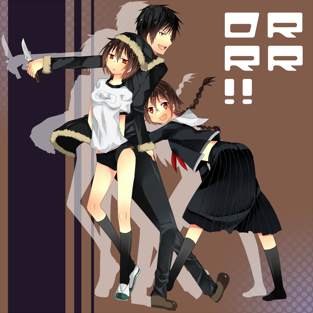 2girls, black_hair, braid, brother_and_sister, brown_hair, coat, durarara!!, glasses, gym_uniform, knife, legs, lotton, multiple_girls, orihara_izaya, orihara_kururi, orihara_mairu, pleated_skirt, red_eyes, school_uniform, short_hair, siblings, sisters, skirt, twin_braids, twins