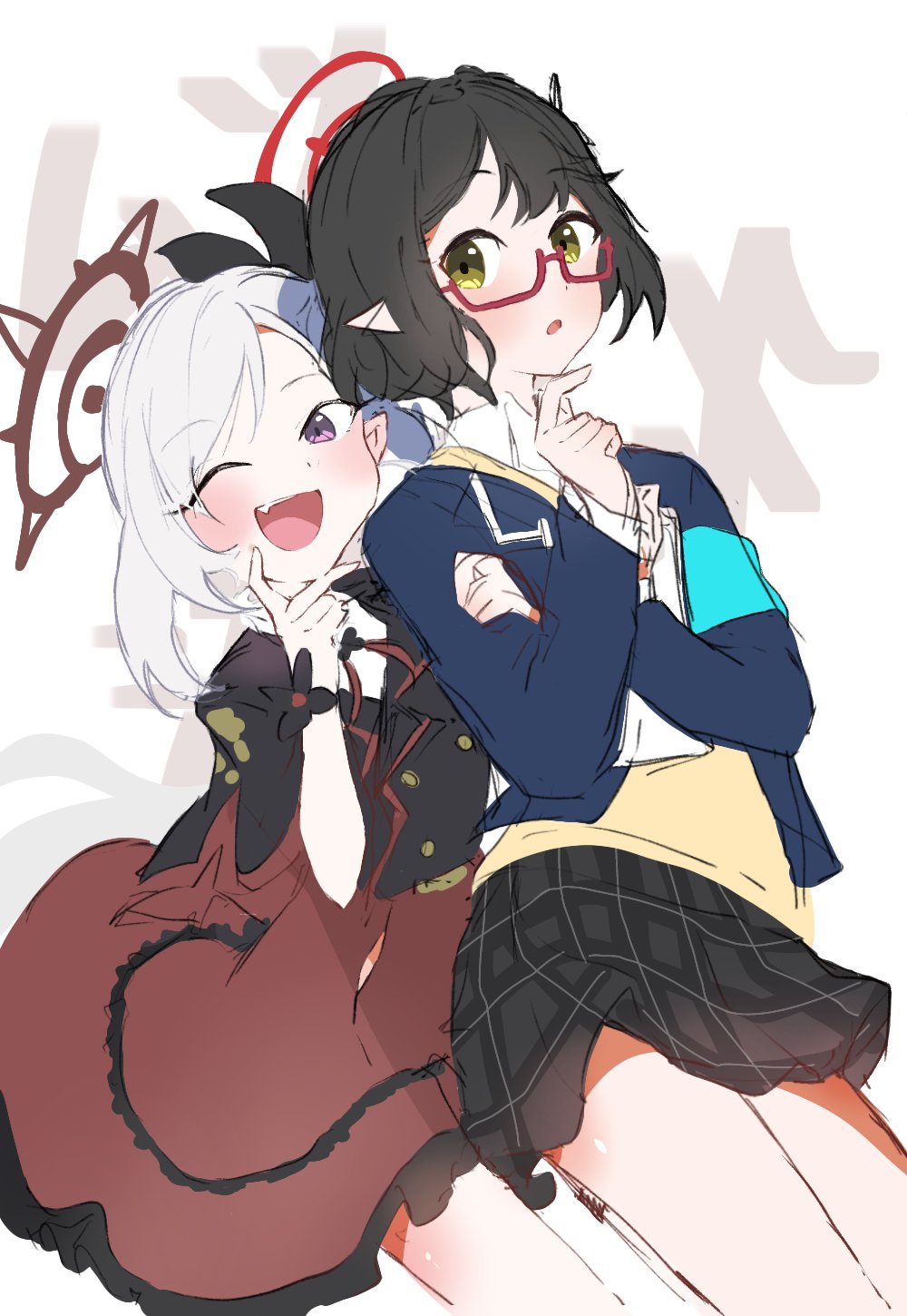 2girls, ;d, ayane_(blue_archive), azisai, black_hair, black_jacket, black_skirt, blazer