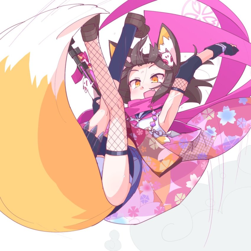 1girl, :d, animal_ear_fluff, animal_ears, arm_up, armpits, ashi_karekusa, black_gloves