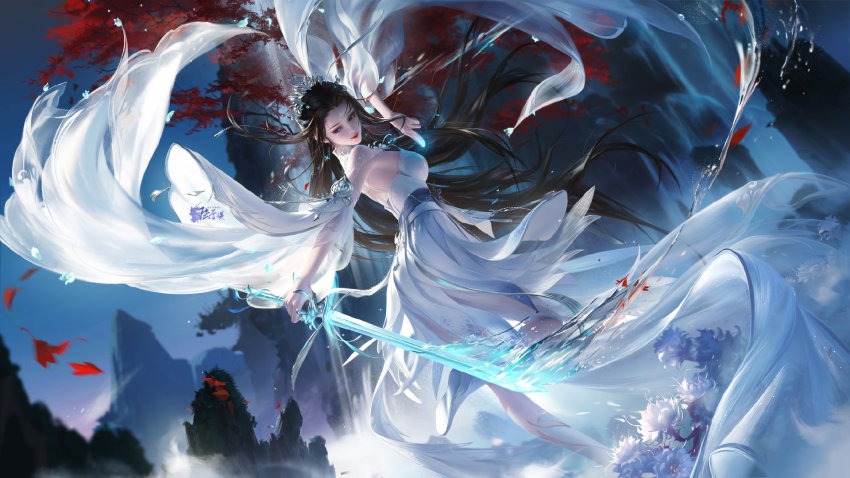 1girl, black_hair, dress, falling, highres, index_fingers_together, long_hair, looking_back