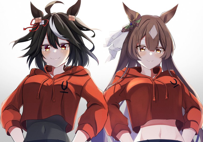 :3, absurdres, ahoge, blush, breasts, commentary_request, cosplay, hair_between_eyes, hair_ornament, highres, ines_fujin_(umamusume), ines_fujin_(umamusume)_(cosplay), jacket, kitasan_black_(umamusume), large_breasts, long_hair, medium_hair, midriff, pandoa_(mikage0495), satono_diamond_(umamusume), smile, smug, white_background