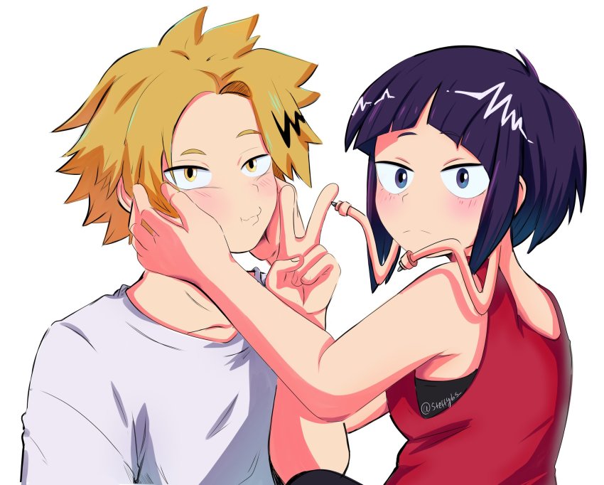 1boy, 1girl, black_bra, blonde_hair, blush, boku_no_hero_academia, bra, bra_peek