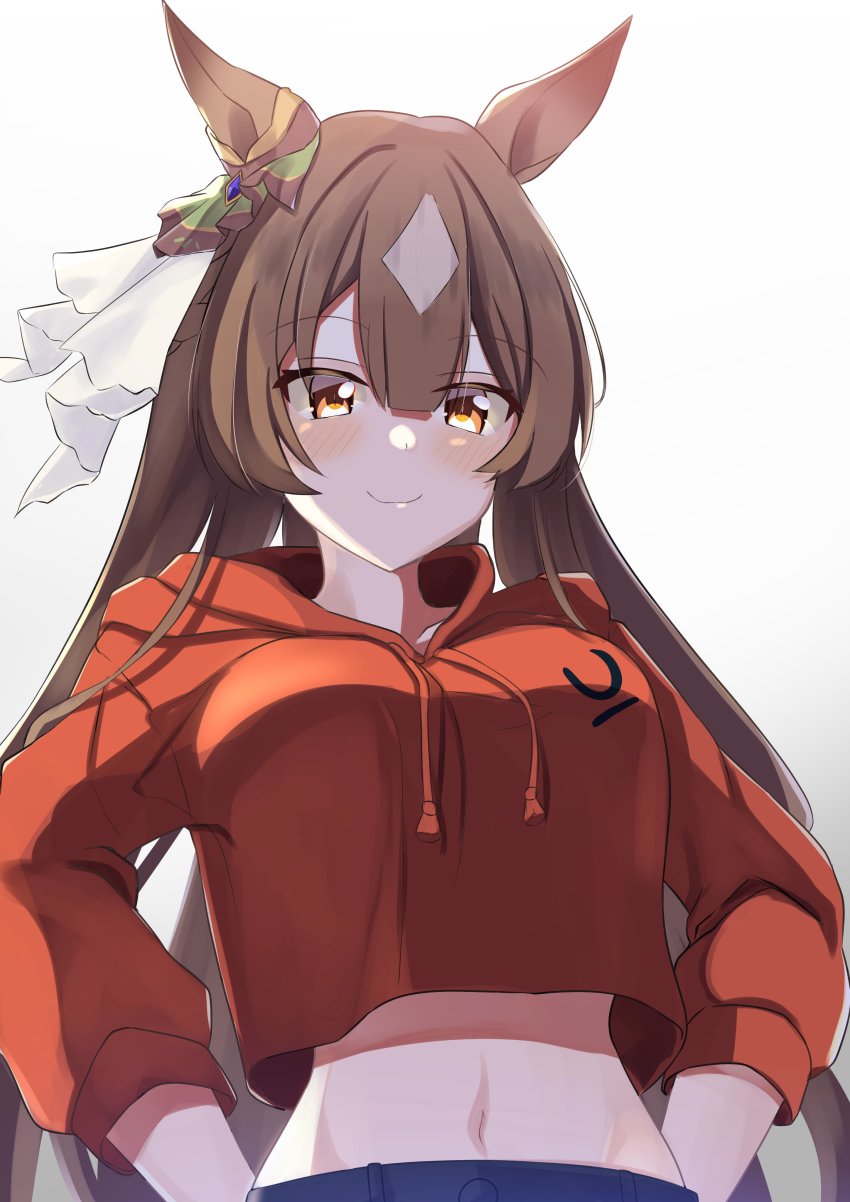 1girl, absurdres, animal_ears, blush, breasts, brown_hair, commentary_request, cosplay, hair_between_eyes, hair_ornament, half_updo, highres, horse_ears, horse_girl, ines_fujin_(umamusume), ines_fujin_(umamusume)_(cosplay), jacket, large_breasts, long_hair, midriff, pandoa_(mikage0495), satono_diamond_(umamusume), simple_background, solo, umamusume, white_background