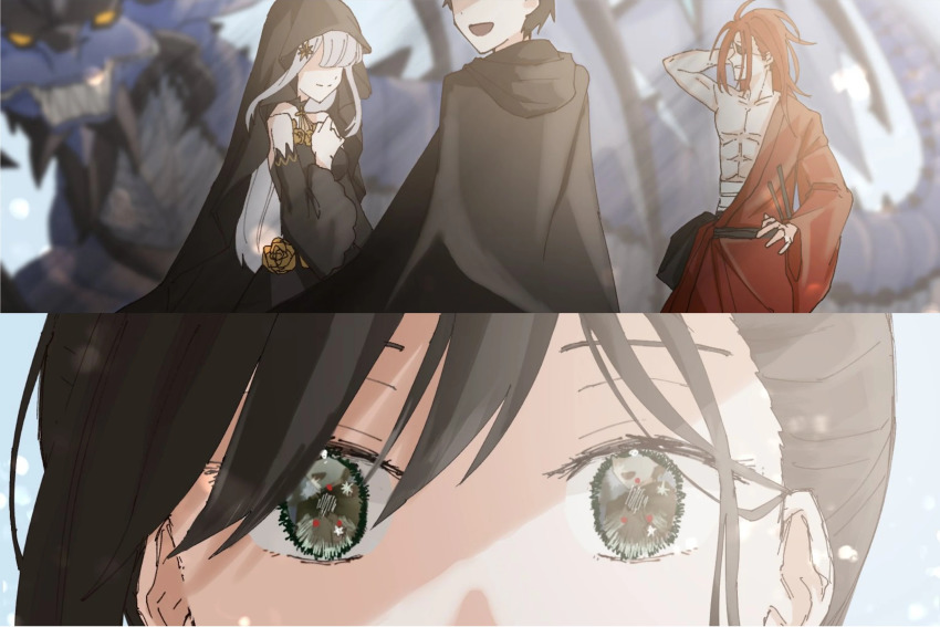 2girls, 2koma, 3boys, :d, absurdres, arm_behind_head, artist_request, black_cape, black_dress, black_veil, brown_eyes, brown_hair, cape, chopsticks, comic, dragon, dress, eyepatch, faceless, faceless_female, faceless_male, flugel_(re:zero), hair_ornament, hand_on_own_hip, highres, japanese_clothes, kimono, long_hair, multiple_boys, multiple_girls, natsuki_subaru, open_mouth, re:zero_kara_hajimeru_isekai_seikatsu, red_hair, red_kimono, reid_astrea, satella_(re:zero), sharp_teeth, shaula_(re:zero), smile, star_(symbol), star_hair_ornament, teeth, veil, very_long_hair, volcanica_(re:zero), white_hair, yellow_eyes
