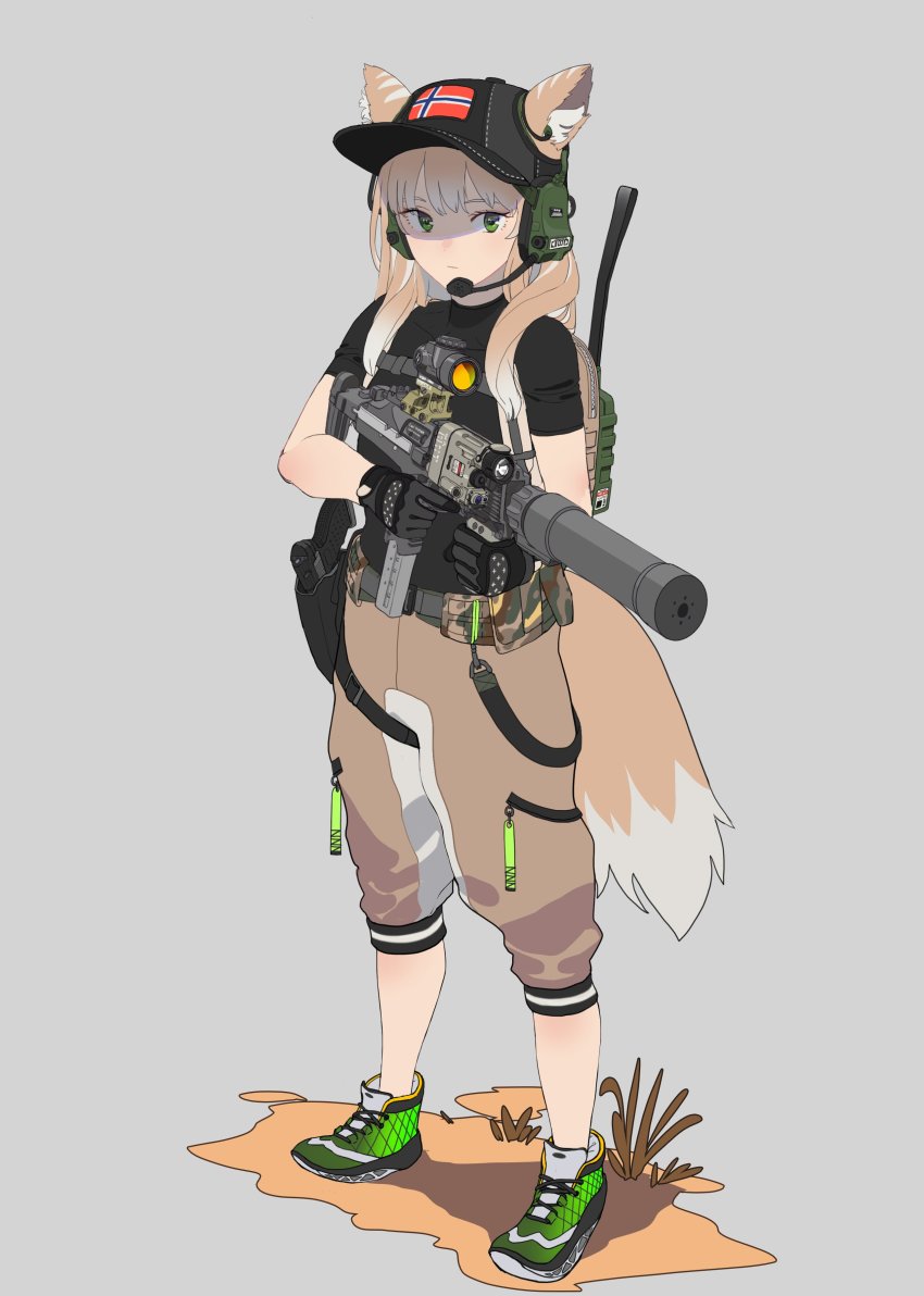 1girl, absurdres, ammunition_pouch, animal_ears, b&amp;t_mp9, backpack, bag, fox_ears, fox_tail, green_eyes, gun, h&amp;k_mp7, handgun, hat, headset, highres, norwegian_flag, optical_sight, original, pistol, pouch, shoes, sneakers, submachine_gun, tac239, tactical_gloves, tail, weapon