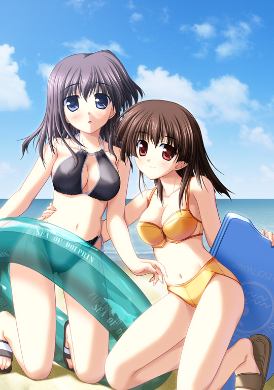 2girls, akiiro_renka, beach, bikini, blue_eyes, blush, breasts, brown_hair, cleavage, cloud, covered_erect_nipples, day, grey_hair, innertube, kickboard, kneeling, kogure_fumika, large_breasts, medium_breasts, multiple_girls, navel, outdoors, red_eyes, sandals, see-through_clothes, short_hair, side-tie_bikini_bottom, sky, smile, swim_ring, swimsuit, thighs, toes, tsukimori_hiro, ubukata_ranko, water, yuuki_makoto_(radiant), zipper