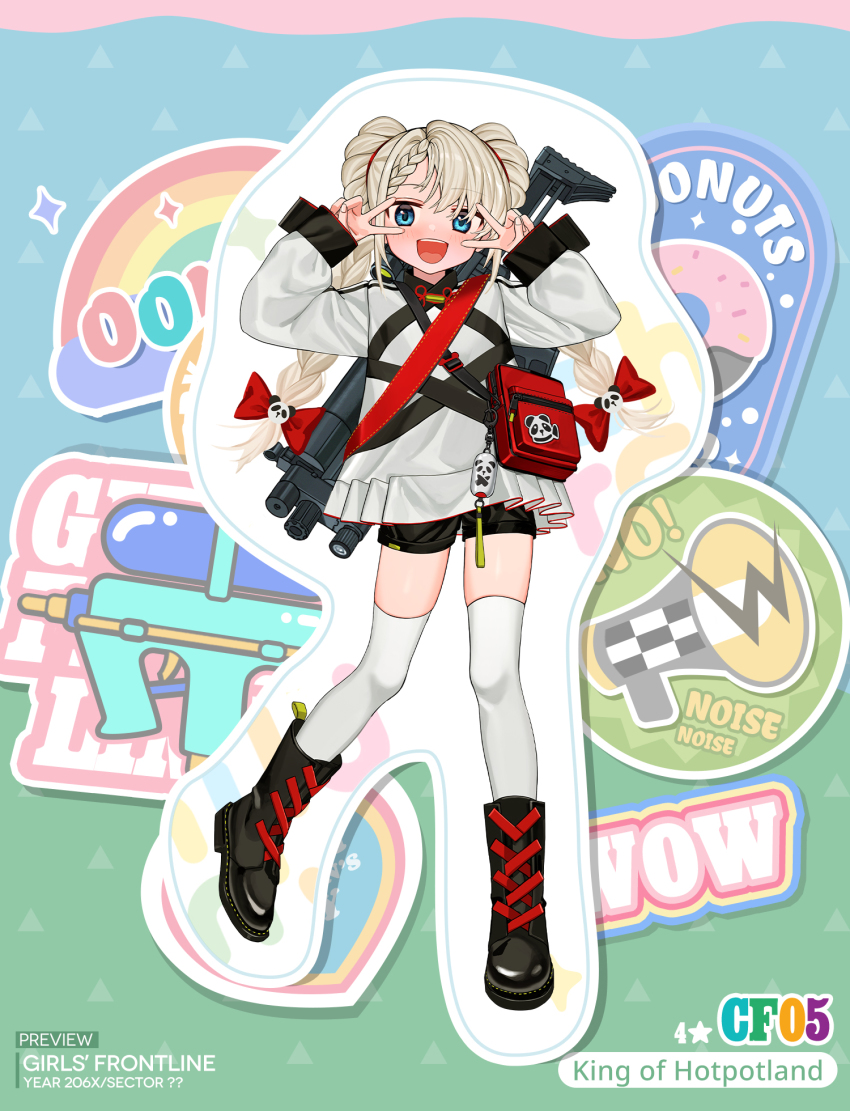 1girl, aged_down, arms_up, bag, black_boots, black_shorts, blonde_hair, blush