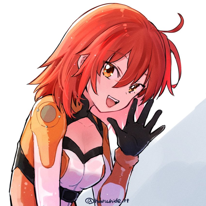 1girl, :d, ahoge, arm_up, black_gloves, bodysuit, breasts, fate/grand_order