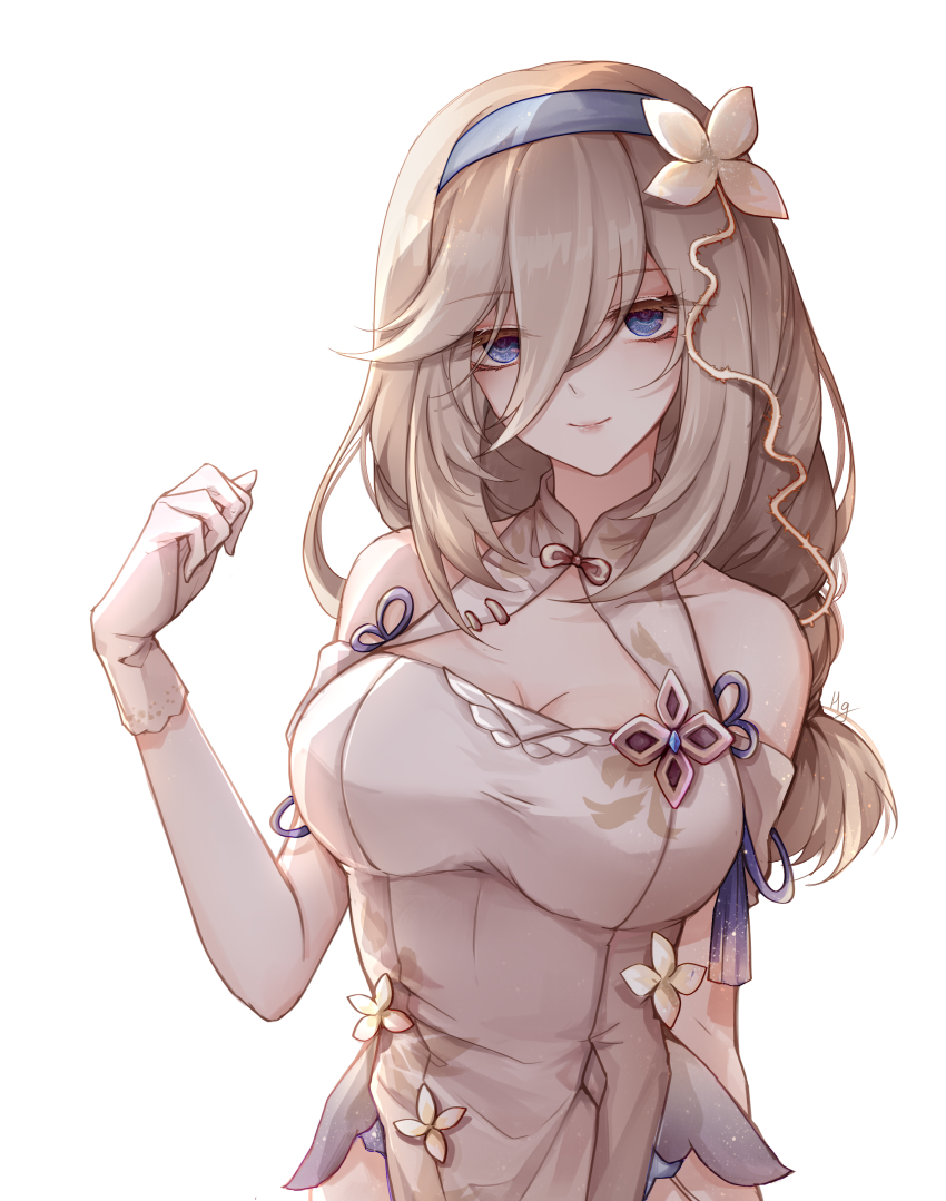 1girl, absurdres, aponia, bare_shoulders, breasts, brown_dress, brown_hair, cleavage, closed_mouth, detached_sleeves, dress, flower, hair_between_eyes, hair_flower, hair_ornament, headband, highres, honkai_(series), honkai_impact_3rd, looking_at_viewer, shuiyinzijun, simple_background, smile, solo, white_background