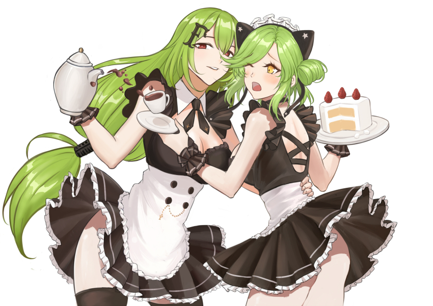 2girls, alternate_costume, animal_ears, back, blush, breasts, cake, cleavage