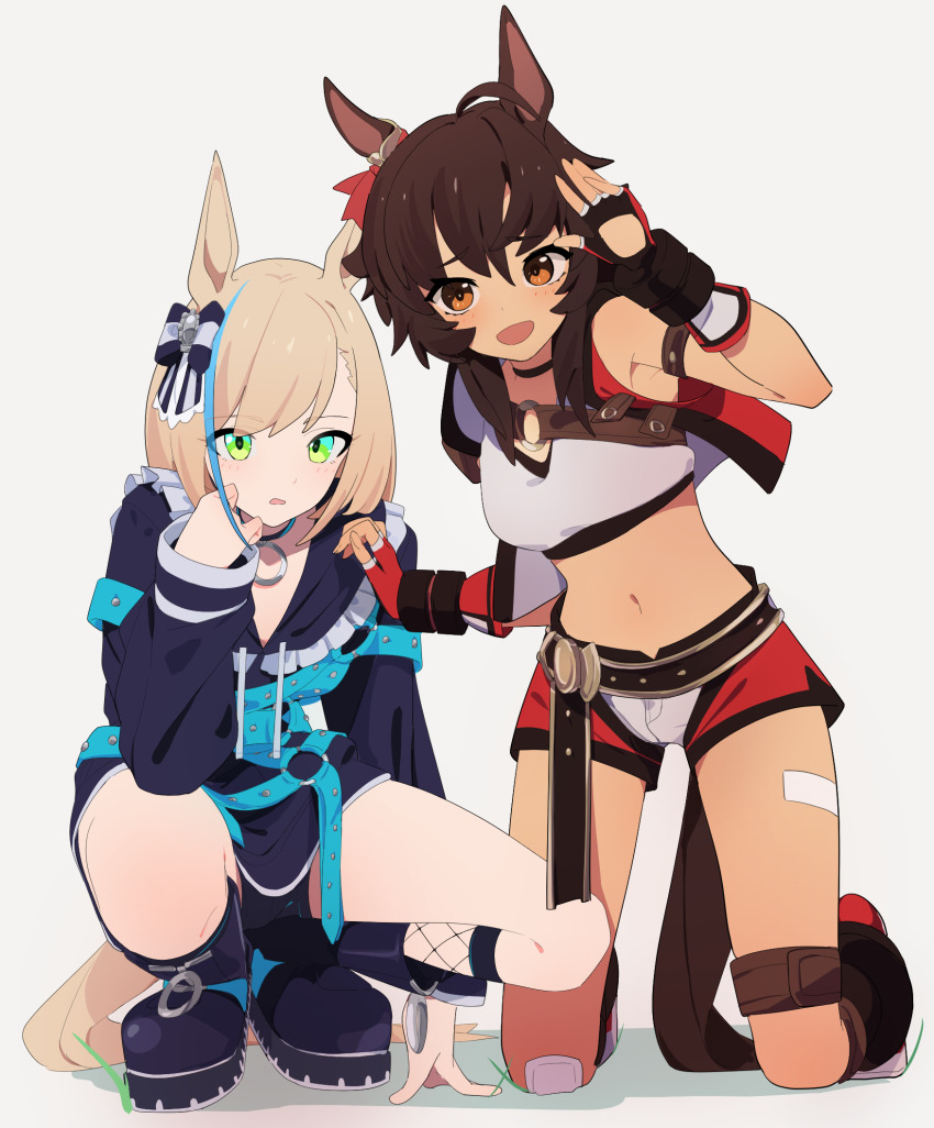 2girls, ahoge, animal_ears, asymmetrical_gloves, bandaid, bandaid_on_leg, belt, bitter_glasse_(umamusume)