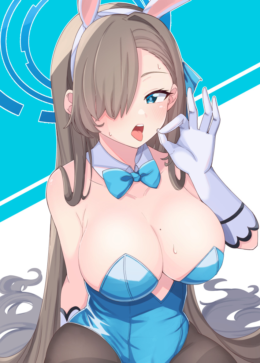 1girl, animal_ears, asuna_(blue_archive), asuna_(bunny)_(blue_archive), bad_id, bad_pixiv_id, black_pantyhose, blue_archive, blue_eyes, blue_leotard, breasts, brown_hair, cleavage, elbow_gloves, fake_animal_ears, fellatio_gesture, gakuto_96, gloves, hair_over_one_eye, hairband, highres, large_breasts, leotard, long_hair, looking_at_viewer, mole, mole_on_breast, open_mouth, pantyhose, playboy_bunny, solo, tongue, tongue_out, white_gloves