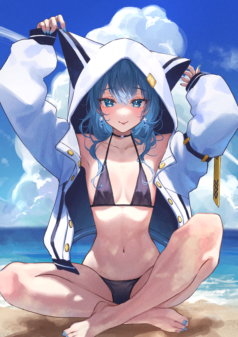 1girl, :p, armpits, arms_up, artistic_error, barefoot, beach, bikini, black_bikini, blue_eyes, blue_hair, blue_nails, blue_sky, blush, breasts, choker, cloud, earrings, feet, highres, hololive, hood, hooded_jacket, hoshimachi_suisei, hoshimachi_suisei_(sailor), indian_style, jacket, jewelry, legs, long_hair, long_sleeves, looking_at_viewer, misekiss, nail_polish, navel, ocean, sitting, sky, sleeves_past_wrists, small_breasts, smile, solo, swimsuit, thighs, toenail_polish, toenails, toes, tongue, tongue_out, virtual_youtuber