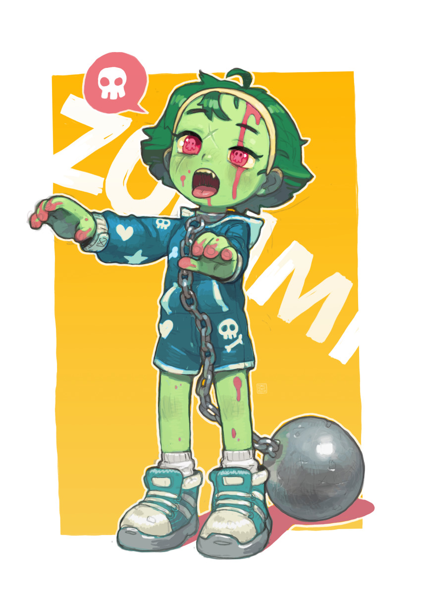 1girl, absurdres, ball_and_chain_restraint, blood, blood_on_face, blood_on_hands, border, borrowed_character, cross_scar, english_text, female_focus, green_hair, hairband, highres, hood, hood_down, open_mouth, original, outside_border, outstretched_arms, pink_blood, pink_eyes, possummachine, print_jumpsuit, scar, scar_on_face, shoes, short_jumpsuit, skull-shaped_pupils, sneakers, solo, spoken_skull, standing, symbol-shaped_pupils, tongue, tongue_out, white_border, yellow_background, zombie, zombie_girl