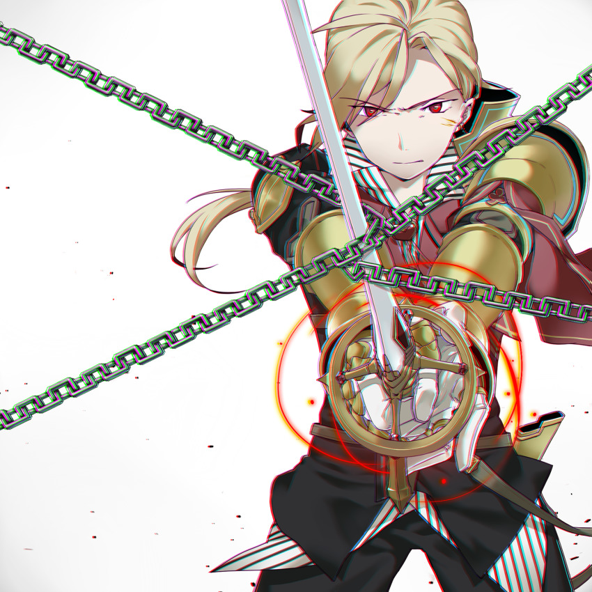1boy, armor, belt, black_jacket, black_pants, blonde_hair, bolo_tie, chain