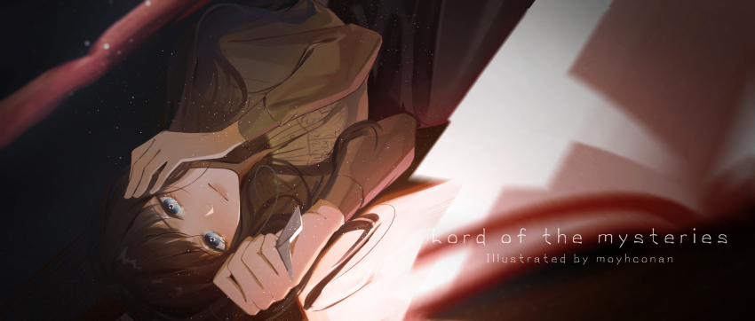 1girl, artist_name, blue_eyes, brown_hair, brown_skirt, couch, english_text, fors_wall