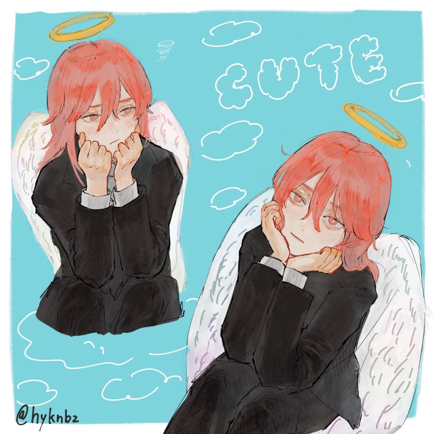 2boys, angel_devil_(chainsaw_man), aqua_background, arms_on_knees, black_jacket, black_pants, blush, border