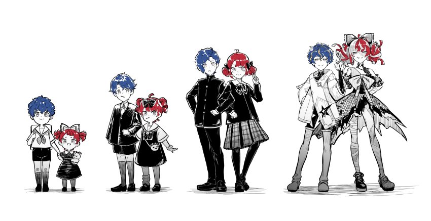 1boy, 1girl, :o, absurdres, age_progression, ahoge, alternate_costume, astel_leda, asymmetrical_footwear, bag, bandaged_arm, bandaged_leg, bandages, blonde_hair, blue_hair, bodysuit, bodysuit_under_clothes, boots, bow, brother_and_sister, child, collared_shirt, double_bun, dress, dress_bow, fist_bump, food_in_mouth, full_body, gakuran, grin, hair_between_eyes, hair_bow, hair_bun, half-closed_eyes, highres, holding, holding_another's_arm, holding_hands, holding_stuffed_toy, hololive, hololive_indonesia, holostars, jacket, kureiji_ollie, looking_at_viewer, mary_janes, multicolored_hair, neckerchief, official_alternate_hairstyle, pants, plaid_clothes, plaid_skirt, pleated_skirt, red_hair, sailor_collar, sailor_shirt, school_uniform, shirt, shoes, short_hair, shorts, shoulder_bag, shua, siblings, skirt, smile, sneakers, socks, spot_color, stitched_face, stitched_leg, stitches, streaked_hair, stuffed_toy, thigh_boots, torn_clothes, torn_dress, udin_(kureiji_ollie), v, virtual_youtuber, white_background, white_hair, zombie