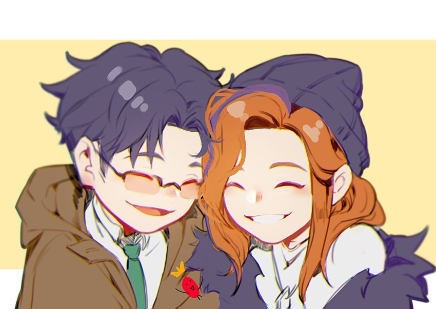 1boy, 1girl, ^_^, apex_legends, beanie, black_headwear, brother_and_sister, brown_jacket
