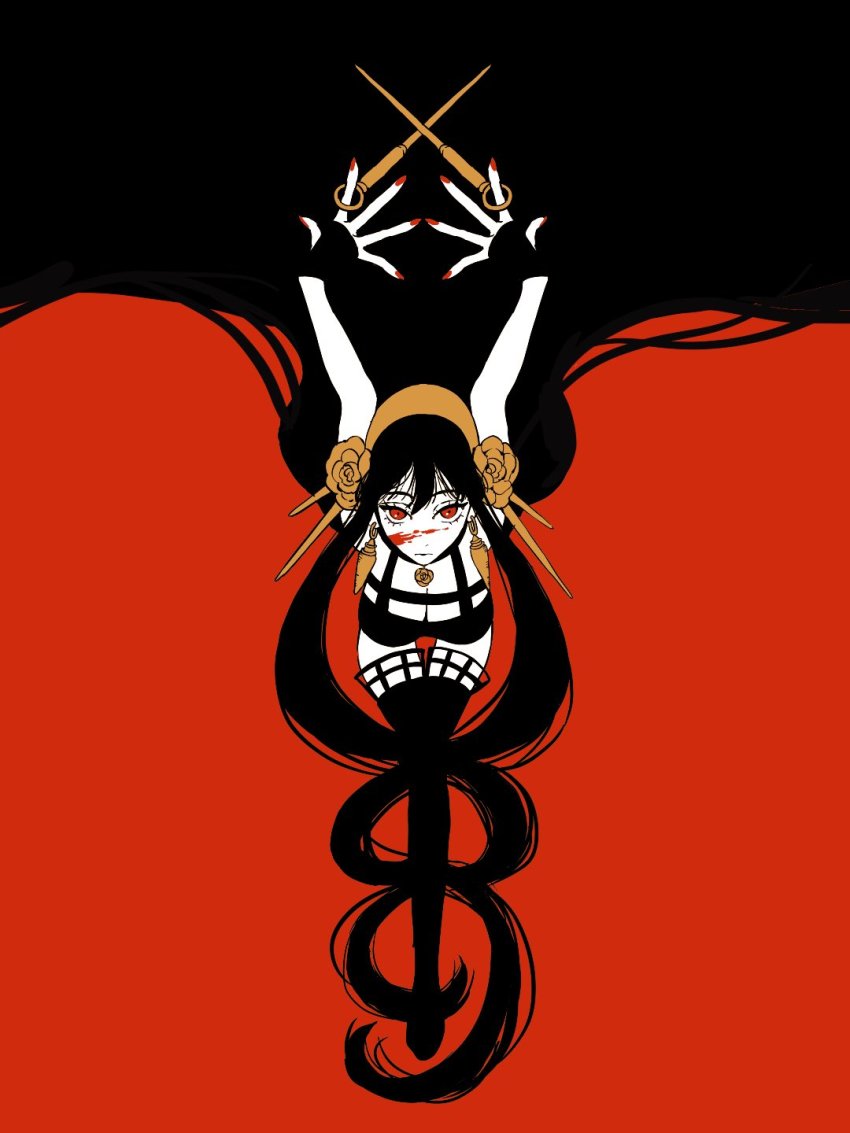 1girl, alt_text, black_dress, black_hair, blood, blood_on_face, dagger, dress, earrings, fingerless_gloves, gloves, gold_earrings, gold_hairband, hair_ornament, hairband, hairclip, highres, holding, holding_weapon, i_do_anime, jewelry, knife, long_hair, nail_polish, red_eyes, red_nails, spy_x_family, stiletto_(weapon), two-sided_dress, two-sided_fabric, weapon, yor_briar