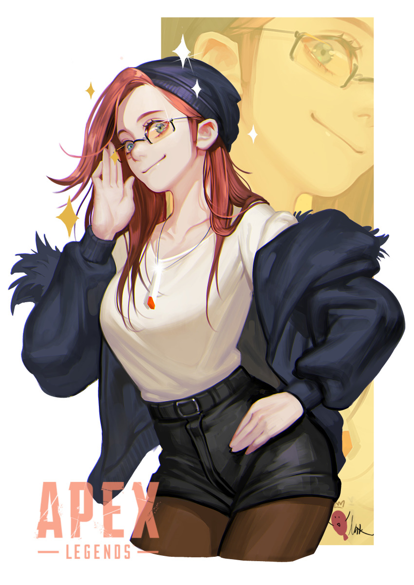 1girl, absurdres, apex_legends, beanie, belt, black_belt, black_hat, black_jacket, black_pantyhose, black_shorts, breasts, collarbone, copyright_name, glasses, green_eyes, hair_behind_ear, hat, head_tilt, highres, jacket, jewelry, logo, looking_at_viewer, lsr, medium_breasts, mila_alexander, necklace, off_shoulder, orange_hair, pantyhose, shirt, shirt_tucked_in, shorts, smile, solo, sparkle, white_shirt, zoom_layer