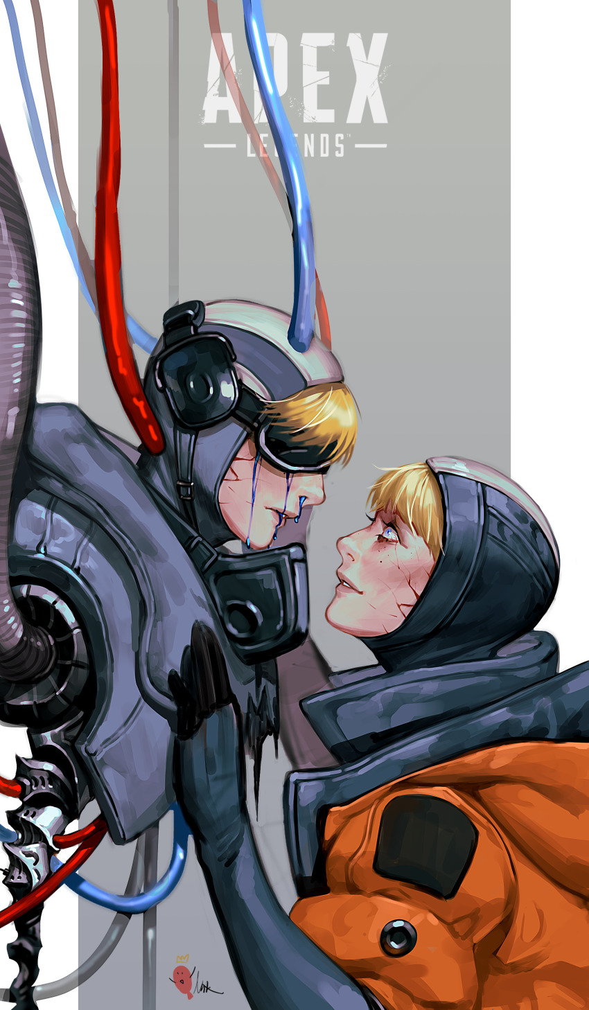 2girls, absurdres, android, apex_legends, blood, blue_blood, blue_eyes, blue_gloves, blue_hair, cable, colored_blood, copyright_name, facial_scar, fly-by-wire_wattson, freckles, from_side, gloves, goggles, hand_on_another's_chest, highres, hood, hooded_jacket, jacket, looking_up, lsr, multiple_girls, nosebleed, official_alternate_costume, parted_lips, scar, scar_on_cheek, scar_on_face, smile, wattson_(apex_legends)