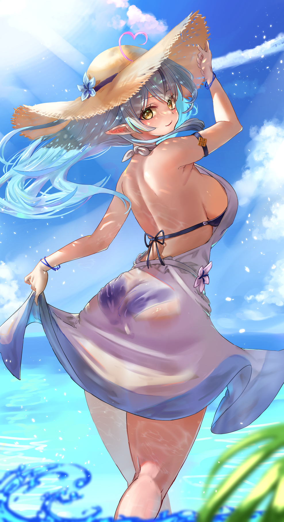 1girl, armband, ass, aya_tarou, backless_dress, backless_outfit, bare_shoulders, bikini