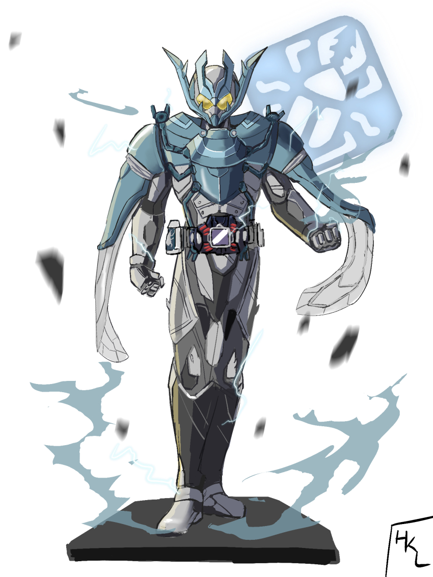 1boy, armor, blue_cape, cape, clenched_hands, concept_art, demons_driver, rider_belt, electricity, hakael1998, highres, kamen_rider, kamen_rider_over_demons, kamen_rider_revice, legs_together, looking_at_viewer, male_focus, side_cape, signature, stag_beetle, stamp_mark, tokusatsu, wind, yellow_eyes