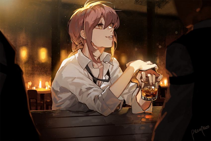 1girl, alcohol, artist_name, bar_(place), black_necktie, braid, braided_ponytail, brown_hair, chainsaw_man, chair, cup, drinking_glass, elbow_rest, elbows_on_table, holding, holding_cup, ice, ice_cube, indoors, long_hair, looking_up, makima_(chainsaw_man), necktie, parted_lips, pekopeco, people, shirt, sidelocks, signature, single_braid, sitting, smile, solo_focus, table, upper_body, white_shirt, yellow_eyes