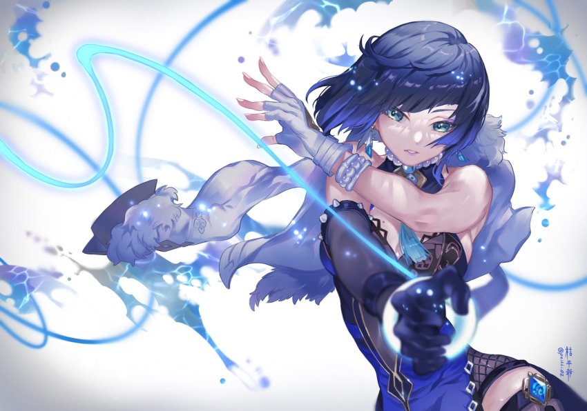 1girl, asymmetrical_gloves, bare_shoulders, bead_bracelet, bead_necklace, beads, black_gloves, blue_hair