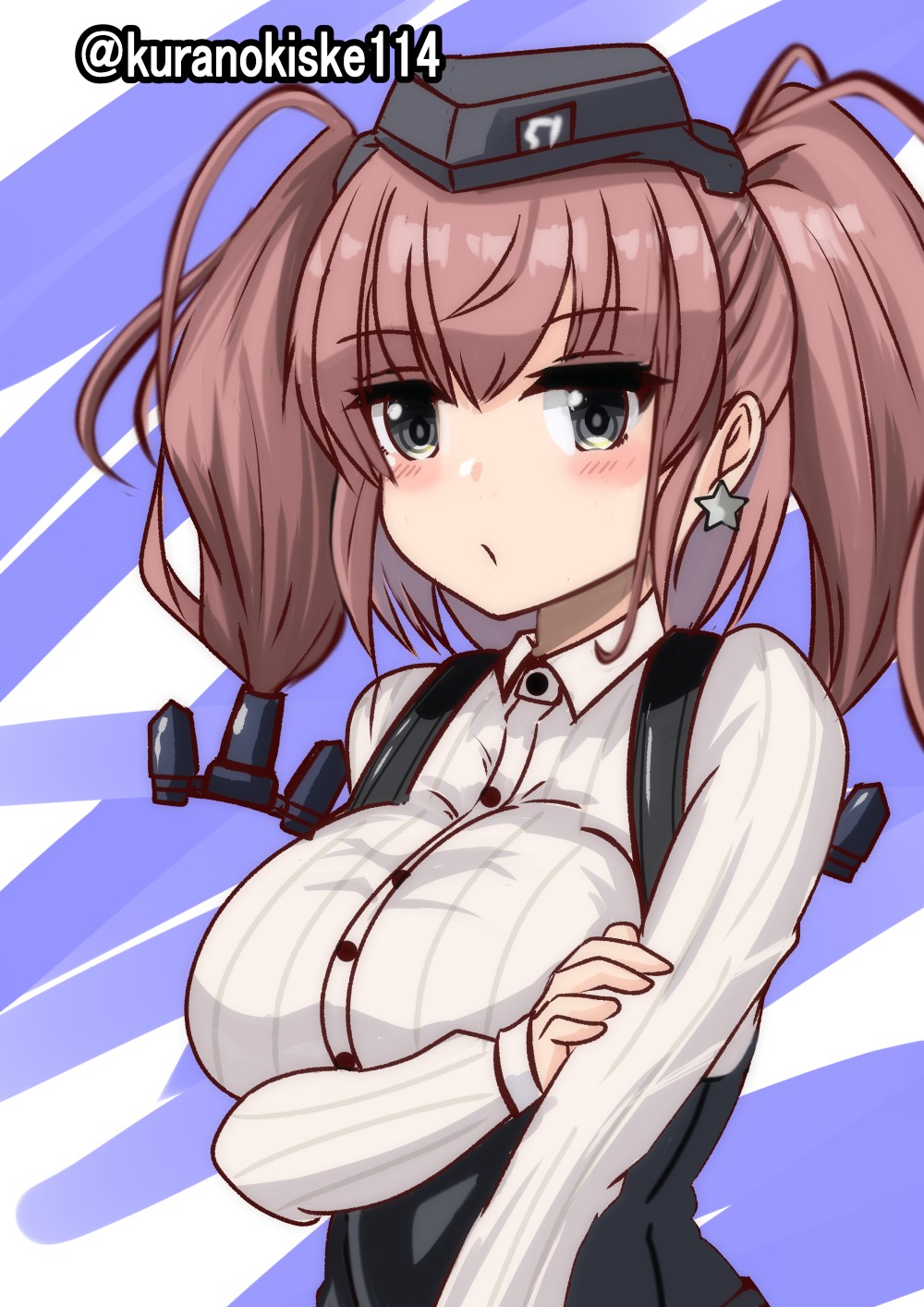 1girl, anchor_hair_ornament, atlanta_(kancolle), black_hat, breasts, brown_hair, dress_shirt, earrings