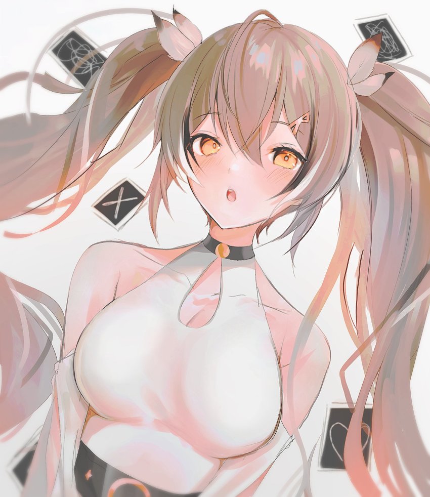 1girl, :o, ahoge, alternate_costume, belt, breasts, brown_hair, cleavage