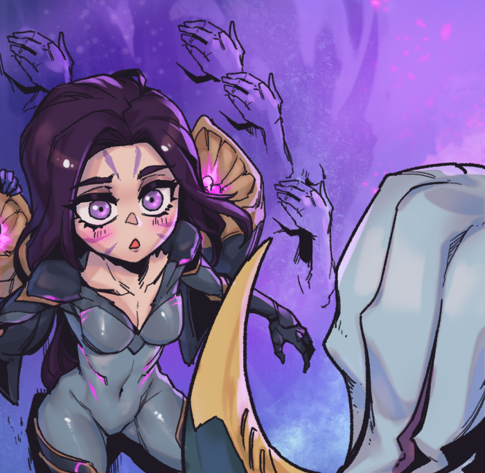 2girls, bel'veth, black_bodysuit, bodysuit, breasts, cleavage, collarbone, covered_navel, facial_mark, grey_bodysuit, grey_hair, kai'sa, league_of_legends, long_hair, looking_at_another, medium_breasts, multiple_girls, open_mouth, phantom_cross, pink_background, pink_eyes, triangle_mouth, wings