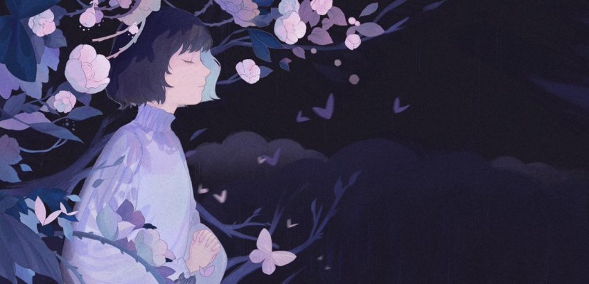 1girl, 1tori, black_hair, blue_hair, branch, cirrika, closed_mouth, closed_eyes