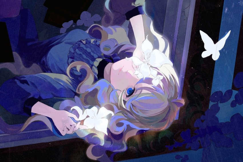 1girl, animal, blonde_hair, blue_dress, blue_eyes, blue_hair, bug, butterfly