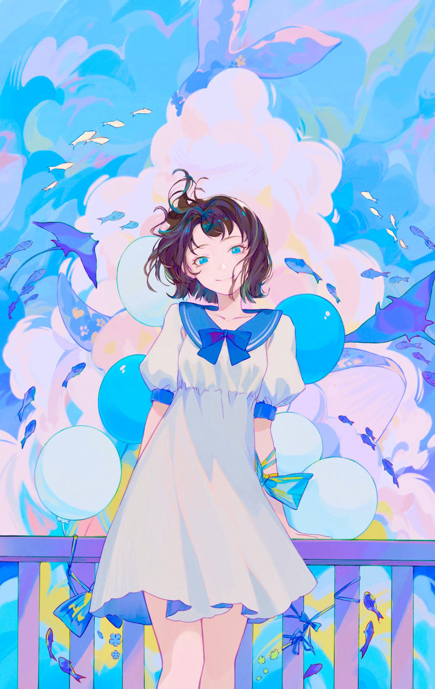 1girl, absurdres, animal, bad_id, bad_pixiv_id, balloon, bare_legs, blue_bow